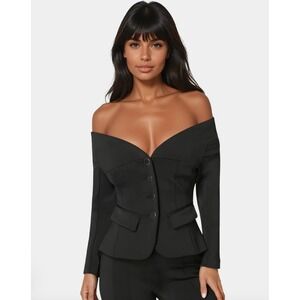 Bebe Tailored Off Shoulder Blazer Black Long Sleeve Peplum Jacket XS NWT Glamour
